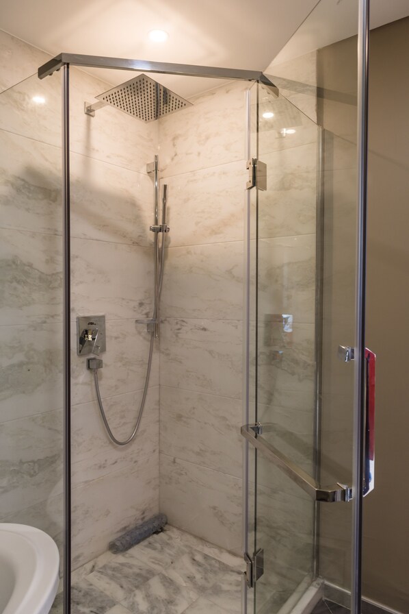 A glass-enclosed shower with a handheld showerhead and a wall-mounted control panel. - Flamingo Villa Boutique Hotel (Walvis Bay)