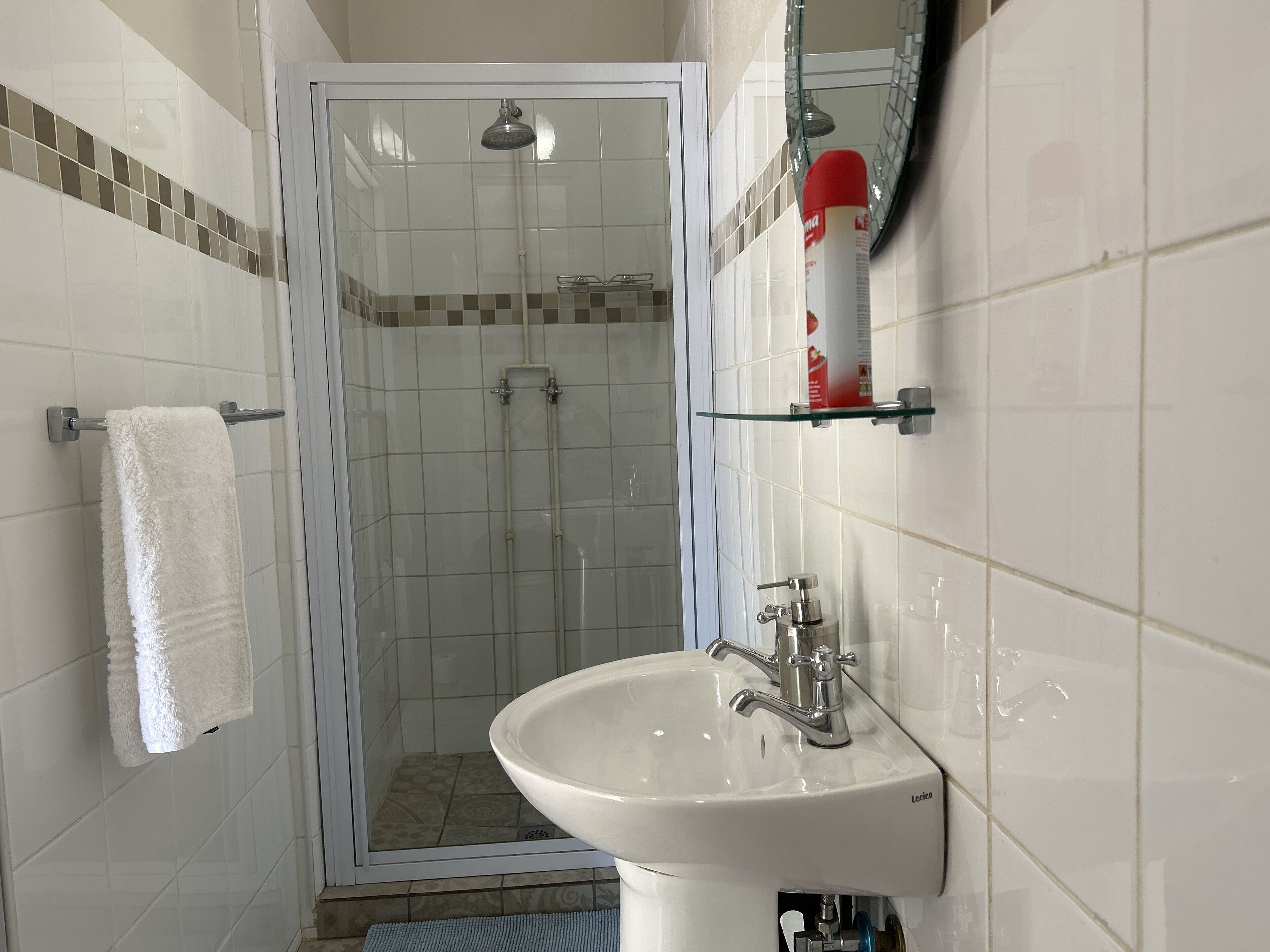 Ein Badezimmer mit einer Duschkabine, einem weißen Waschbecken mit einem Wasserhahn und einem Spiegel darüber.