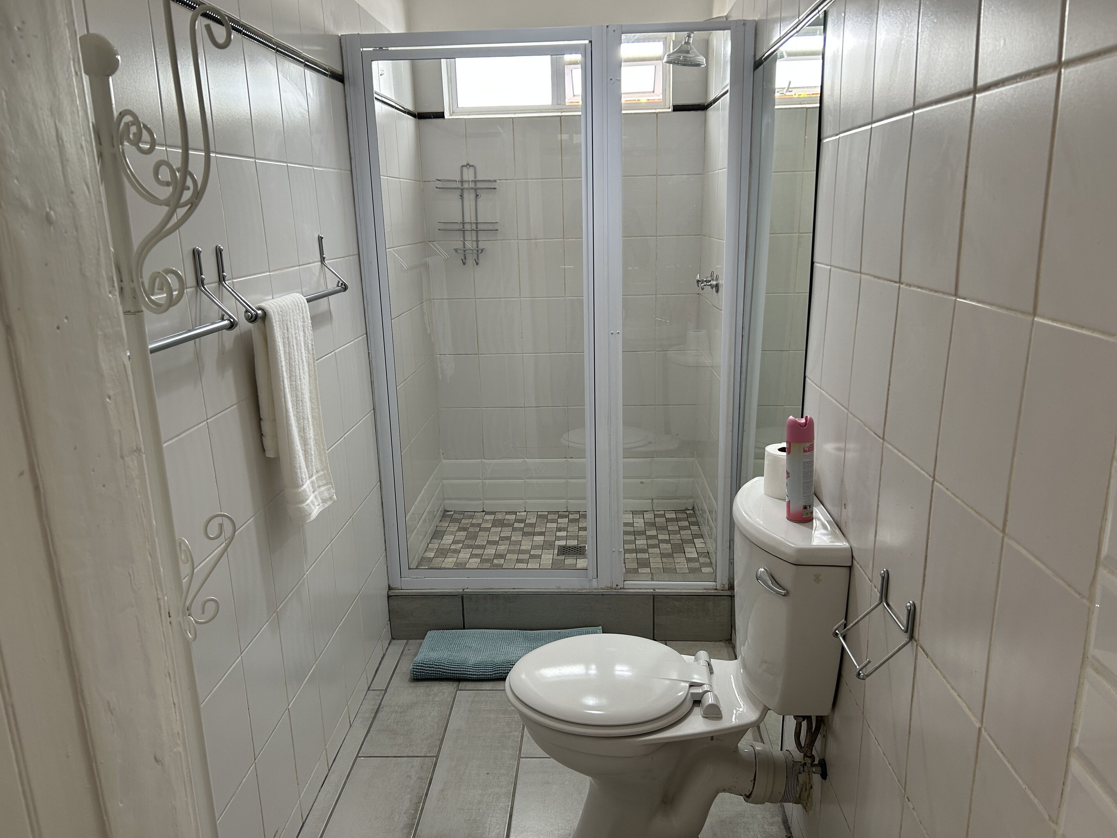 A bathroom with a shower, toilet, and a towel rack.