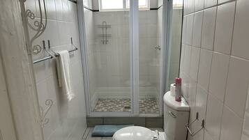 A bathroom with a shower, toilet, and a towel rack.
