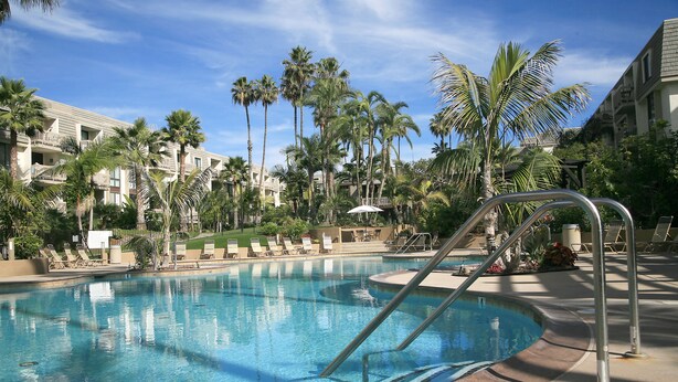 Piscina con escalera metálica, rodeada de palmeras y sillas de descanso, con edificios de hotel al fondo.