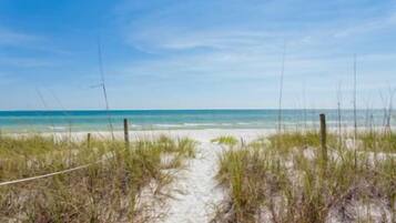 A sandy beach path leading to the ocean with sparse vegetation.