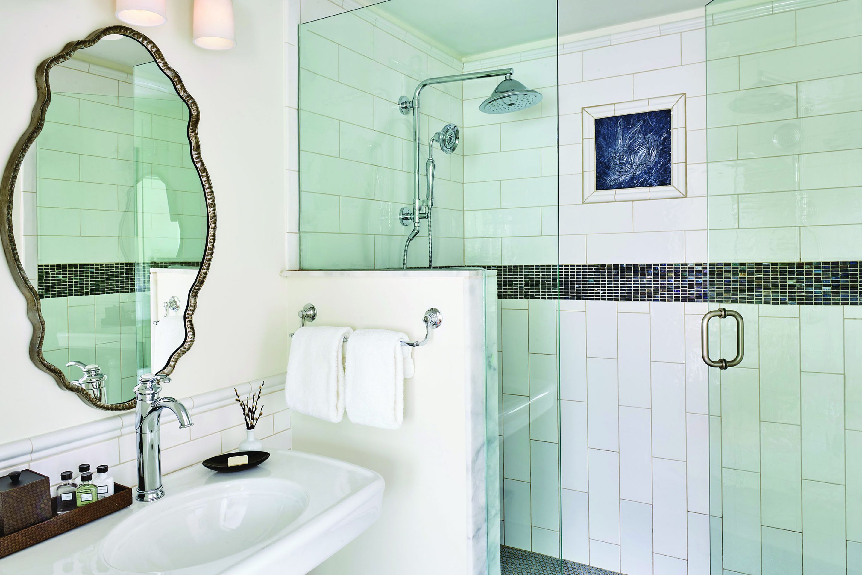 Shower, rainfall showerhead, designer toiletries, hair dryer