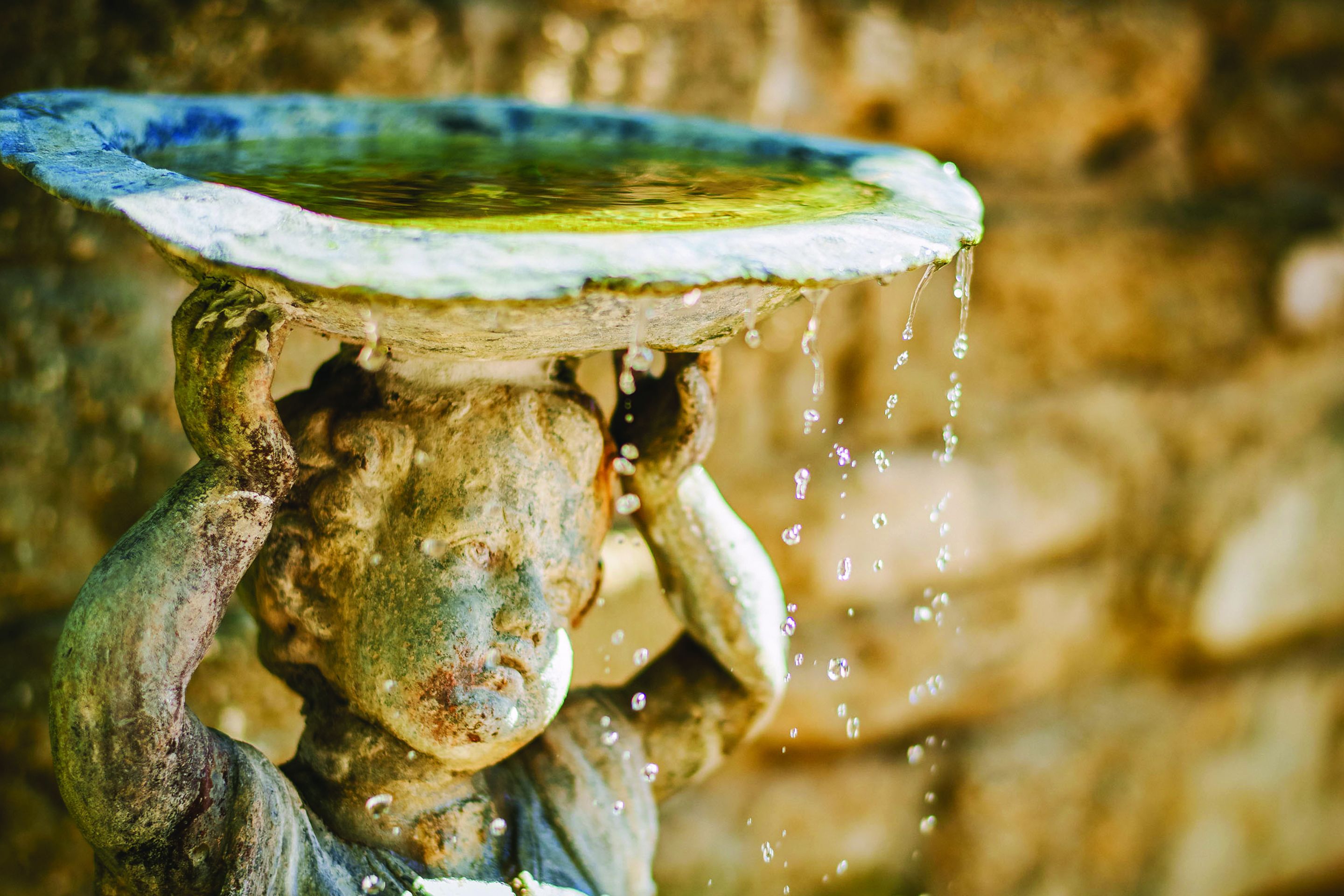 Une fontaine rustique en pierre, dont l’eau jaillit d’un bassin.