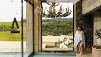 Alberca techada, alberca al aire libre y camastros