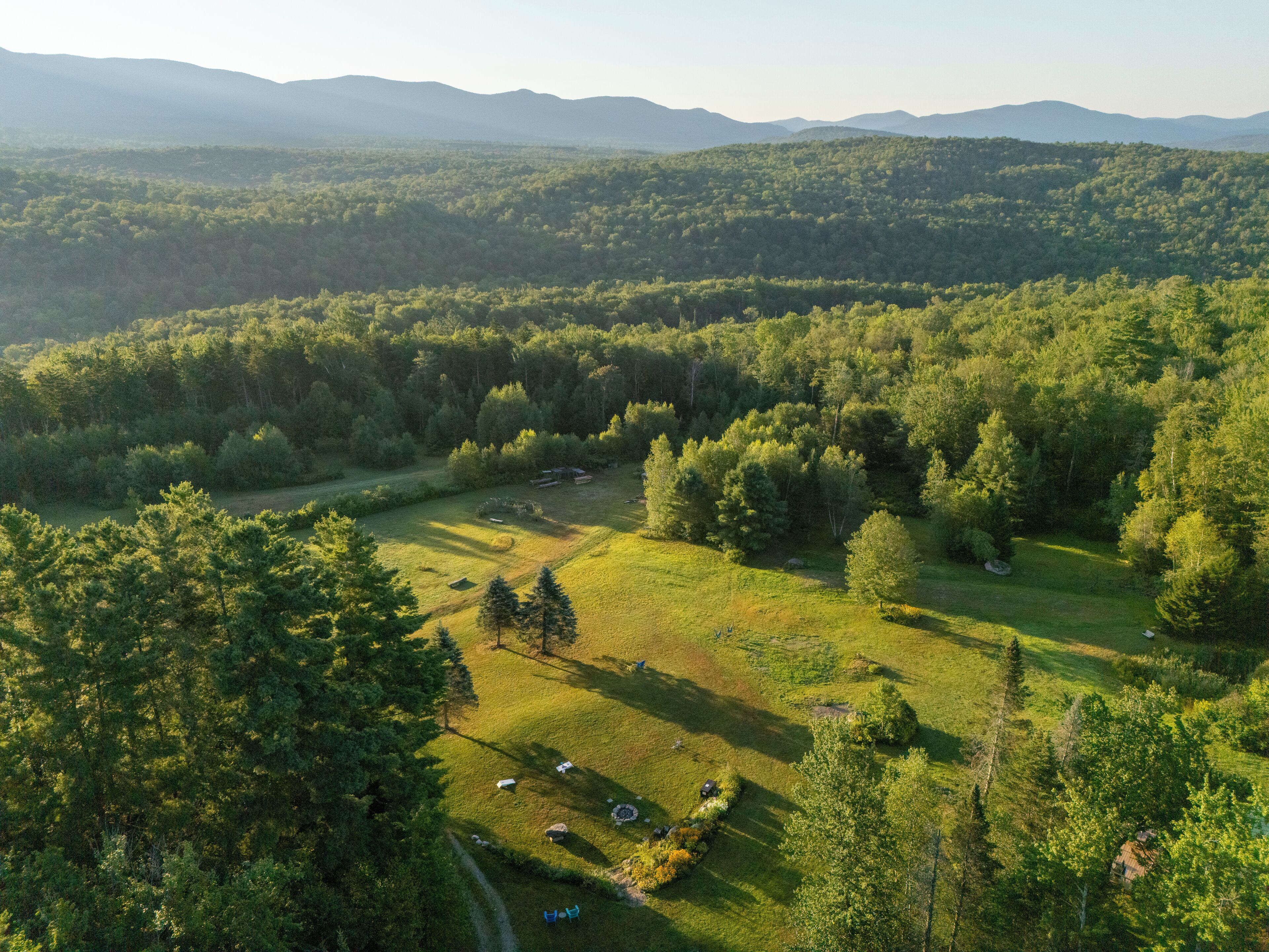 A rural landscape with a clear path leading through a grassy area, surrounded by dense forest and distant mountains.