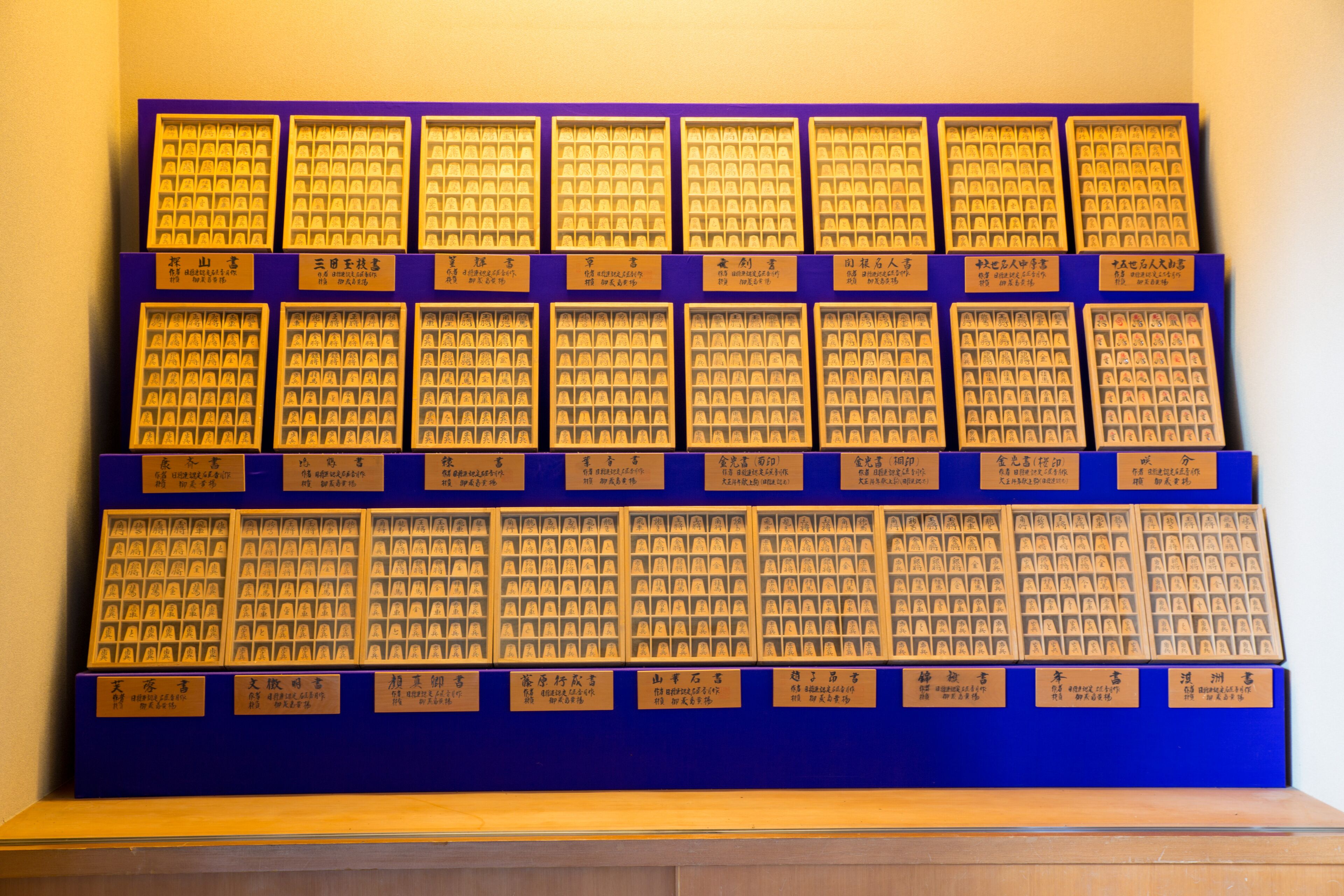 Exposição de caixas de medicina tradicional chinesa organizadas em grade.