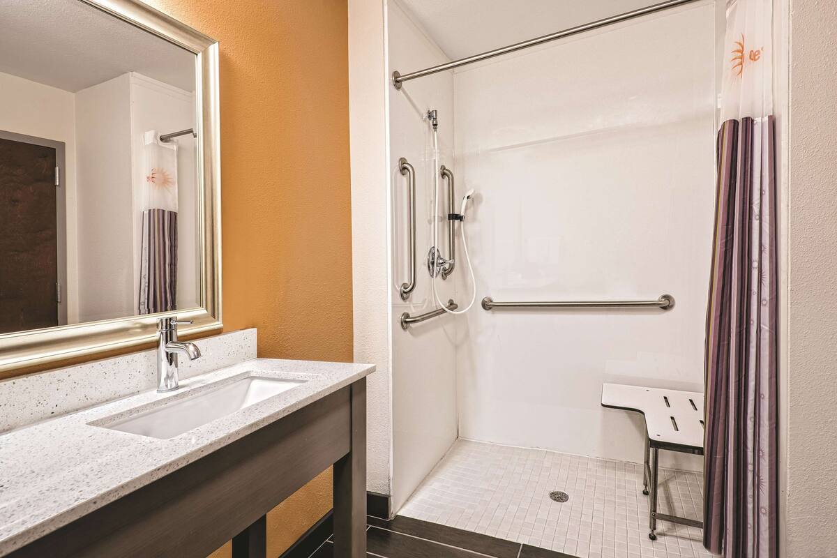 A bathroom with a sink, mirror, shower with grab bars, and a toilet.