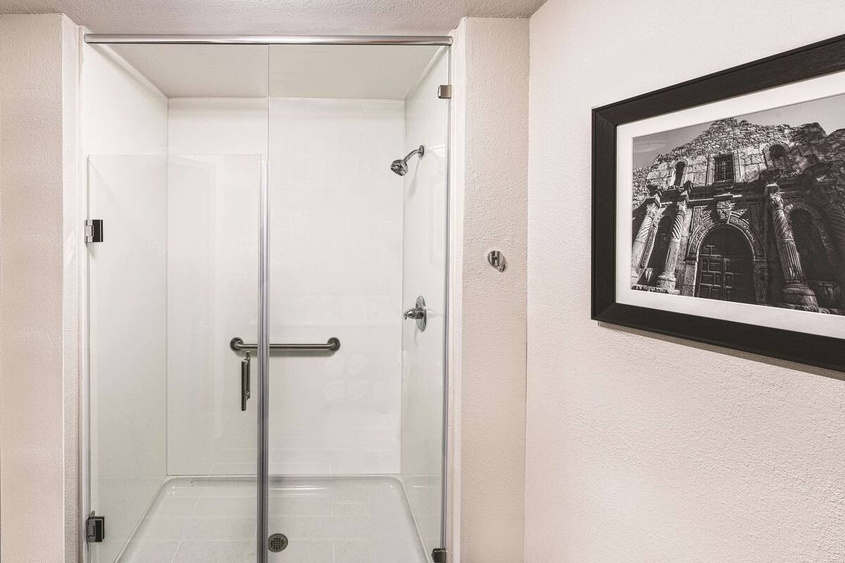 A glass-enclosed shower with a handrail, a framed picture of an ancient structure on the wall, and a white textured wall.