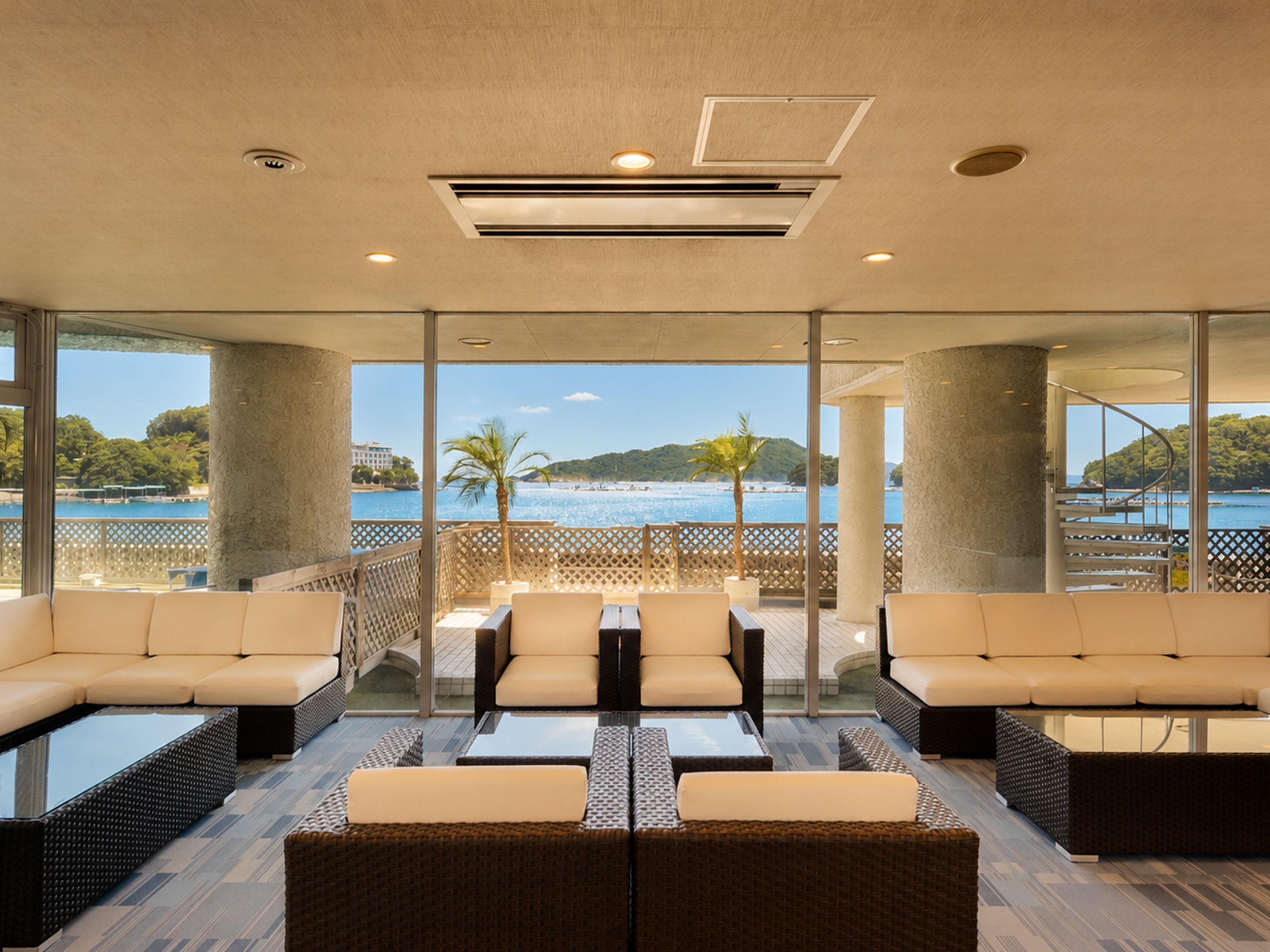A modern lounge area with a view of the sea and hills, featuring comfortable seating and a glass partition.