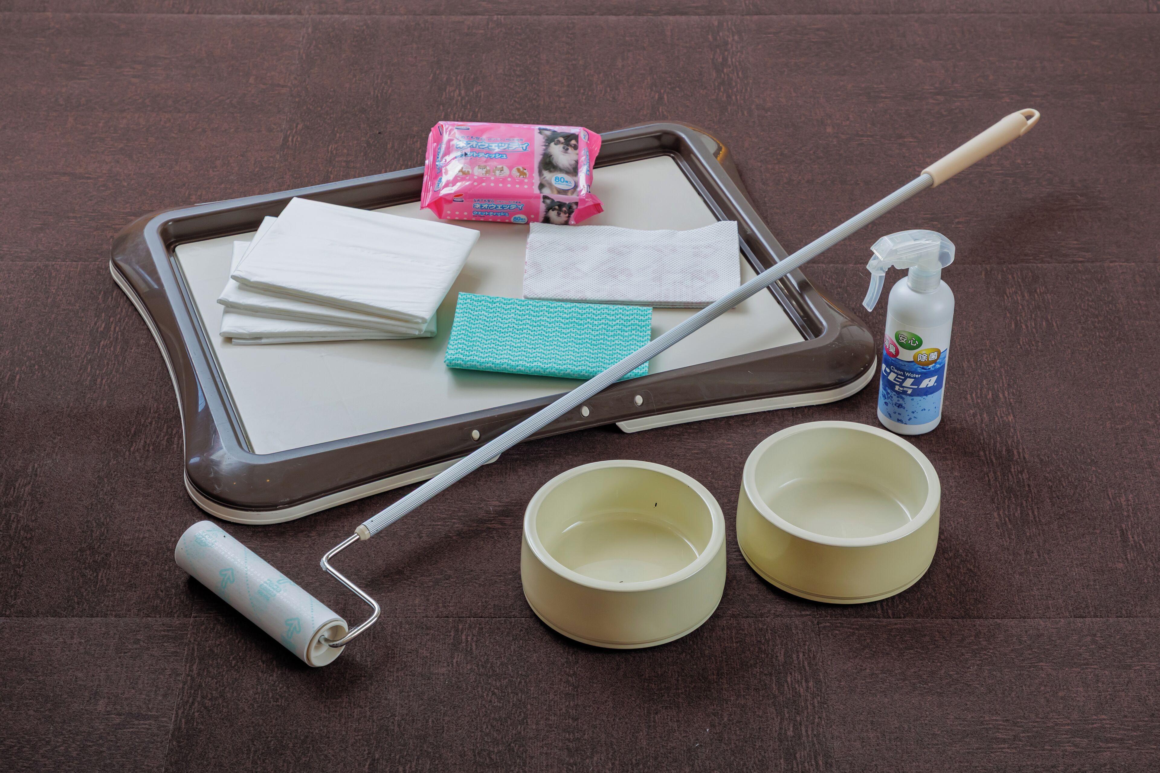 A tray with cleaning supplies, including a spray bottle, a cloth, and two bowls.