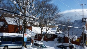 Una calle residencial con casas cubiertas de nieve y coches aparcados.