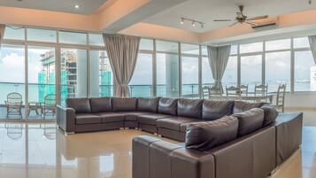 30-inch flat-screen TV with satellite channels, TV