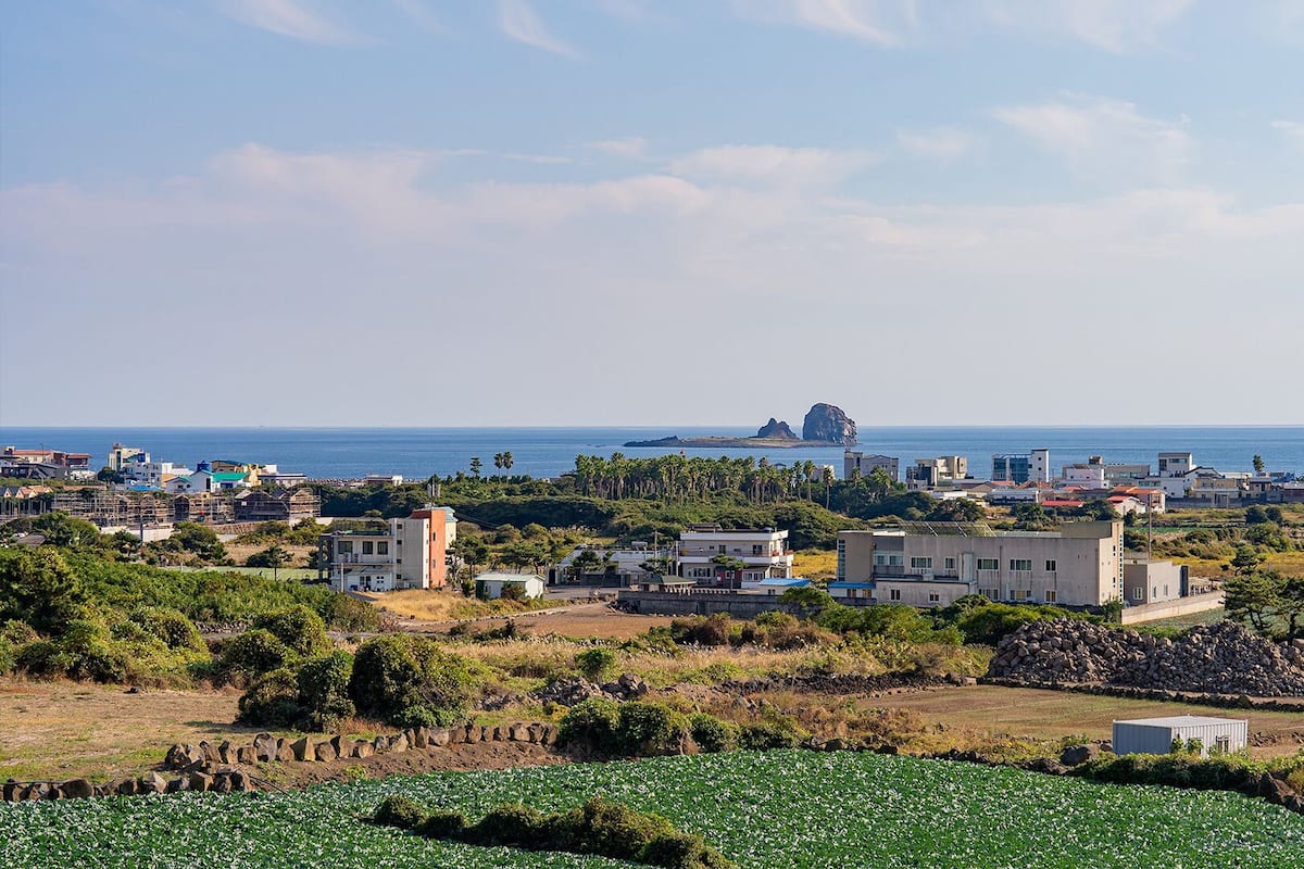 A coastal town with a mix of residential and commercial buildings, a rocky outcrop in the distance, and a view of the sea.