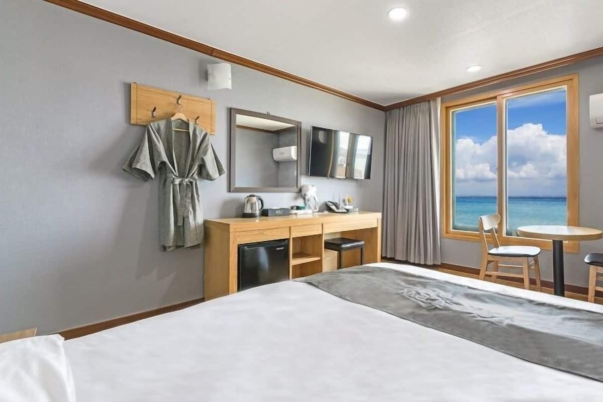 A hotel room with a bed, a desk, a chair, a TV, and a window with a view of the sea.