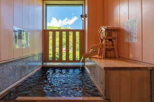 Japanese Western Style Corner Suite Room with Semi Open-air bath, Garden view (Second floor) | Bathroom | Separate tub and shower, spring water tub, free toiletries, hair dryer