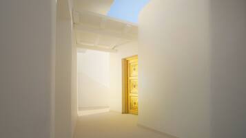 Un intérieur minimaliste avec une porte en bois et des murs blancs.