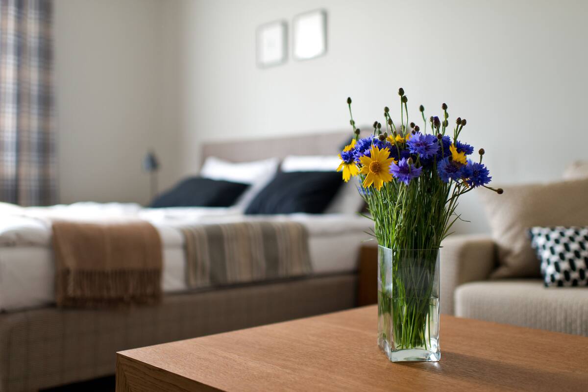 Een kamer met een bed, een nachtkastje met een bloemenvaas, en een bank met een gestreept kussen.
