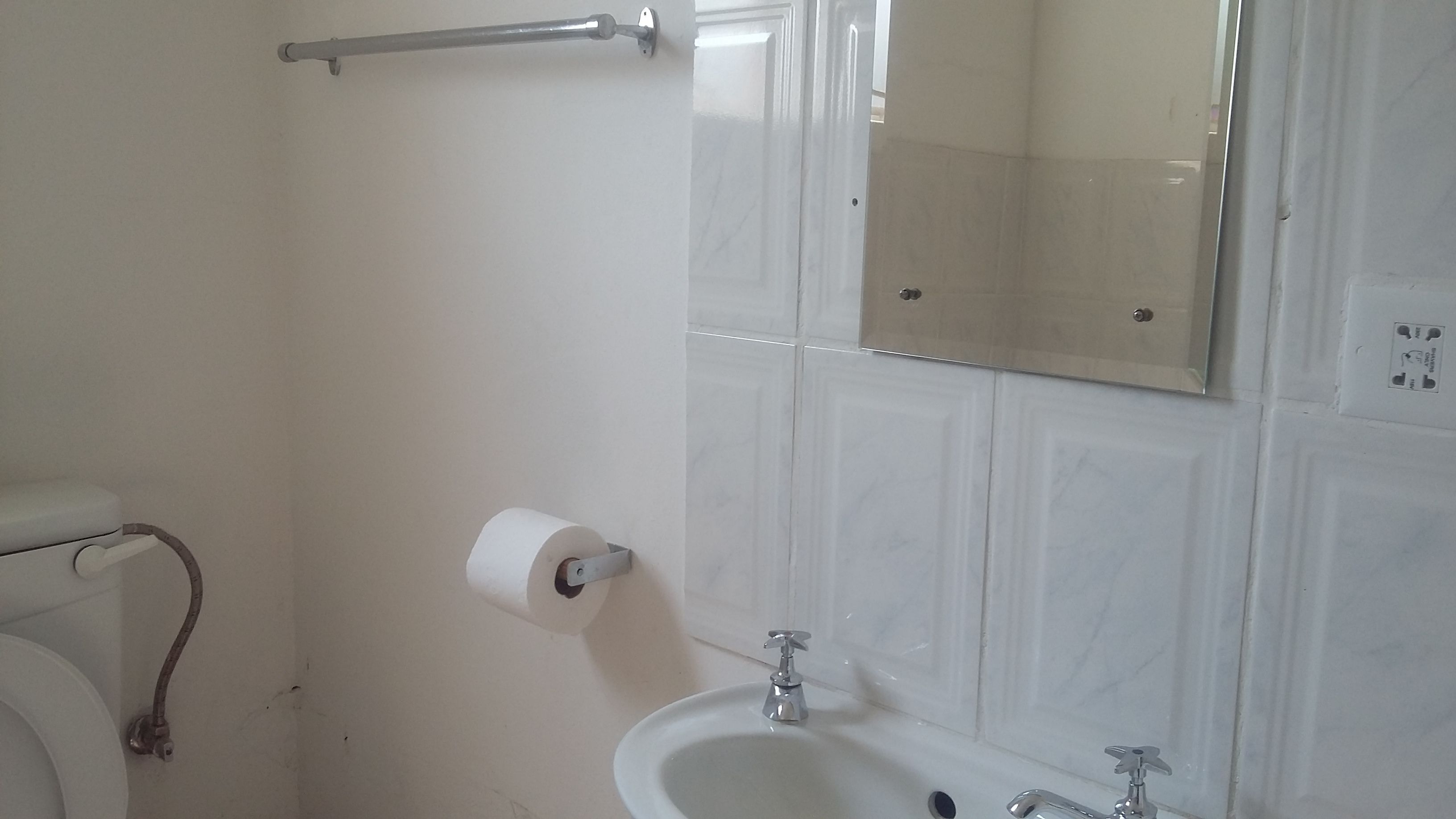 A bathroom with a toilet, a sink, and a mirror.