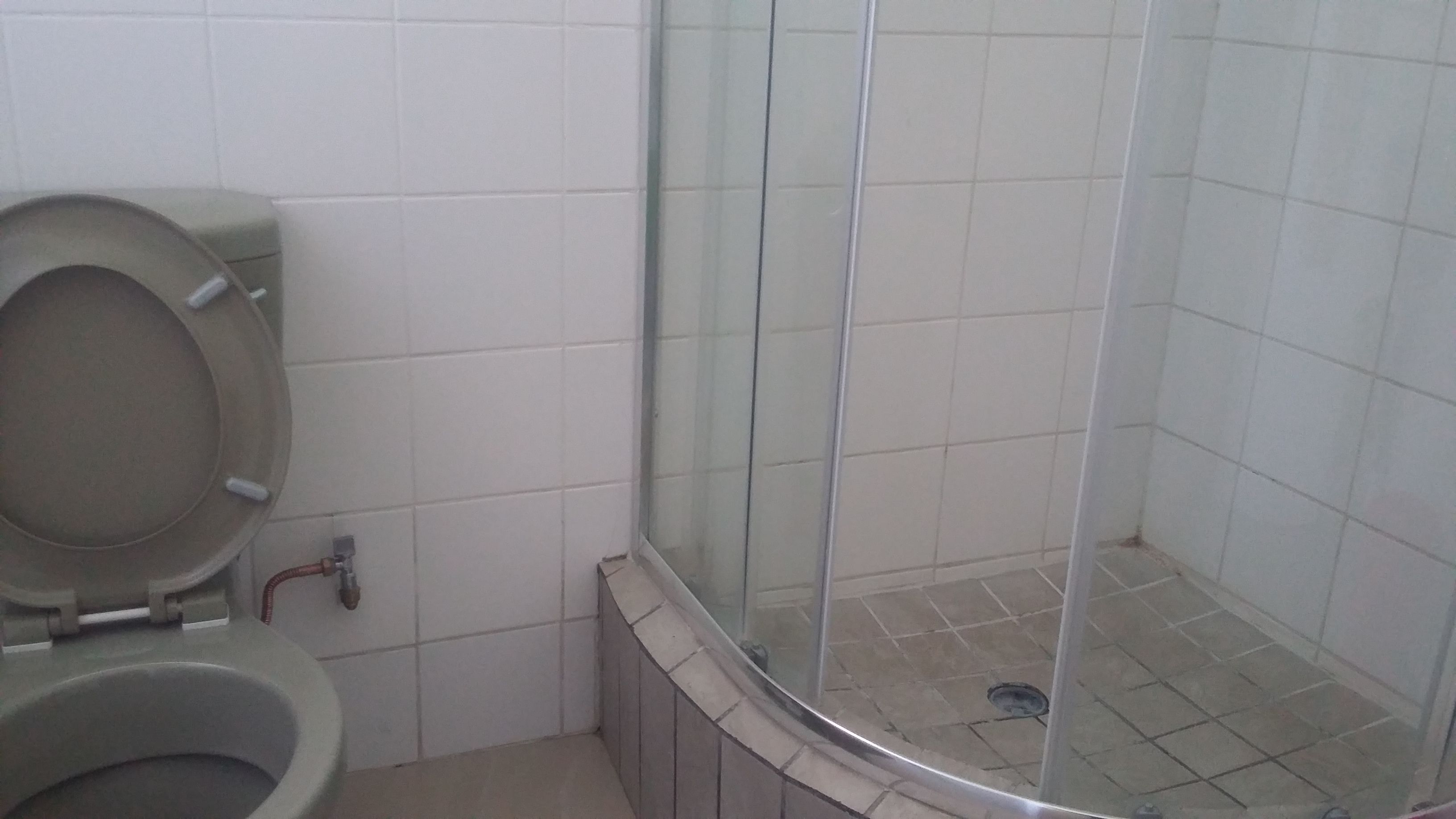 Un baño con inodoro, cabina de ducha con mampara de vidrio y paredes de azulejos.