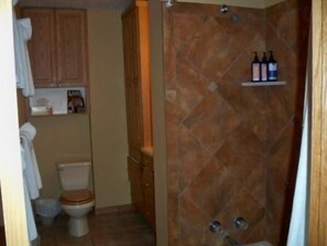 Une salle de bain avec douche, toilettes et meubles en bois.