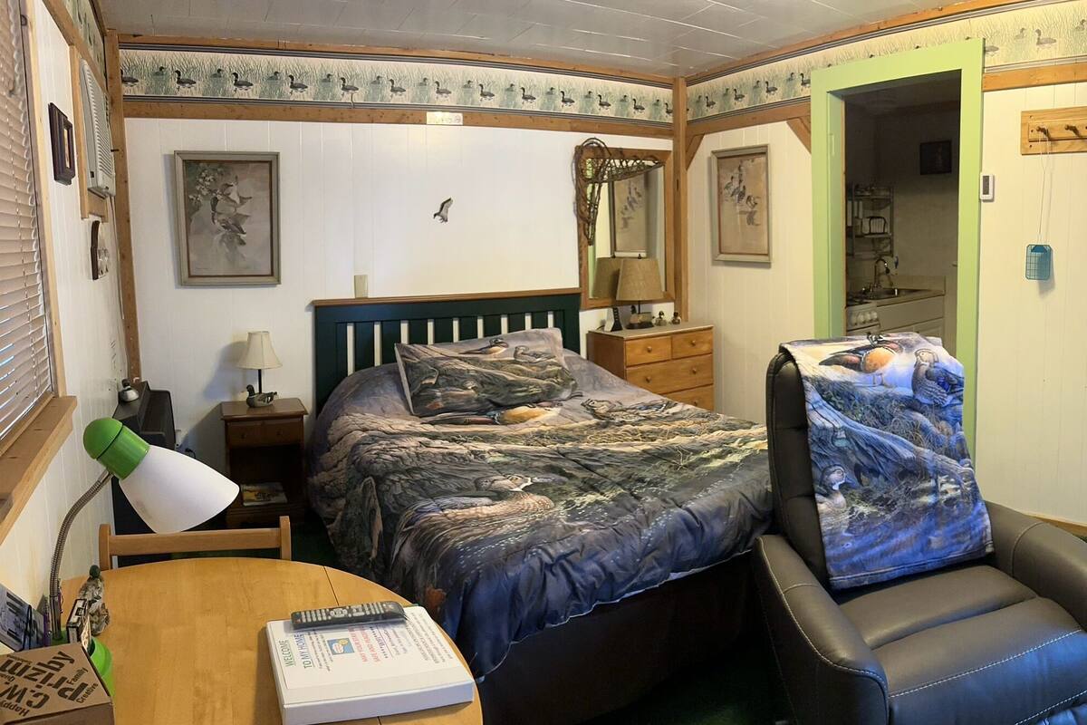 Une petite pièce comprenant un lit, une chaise, une table et un petit bureau.