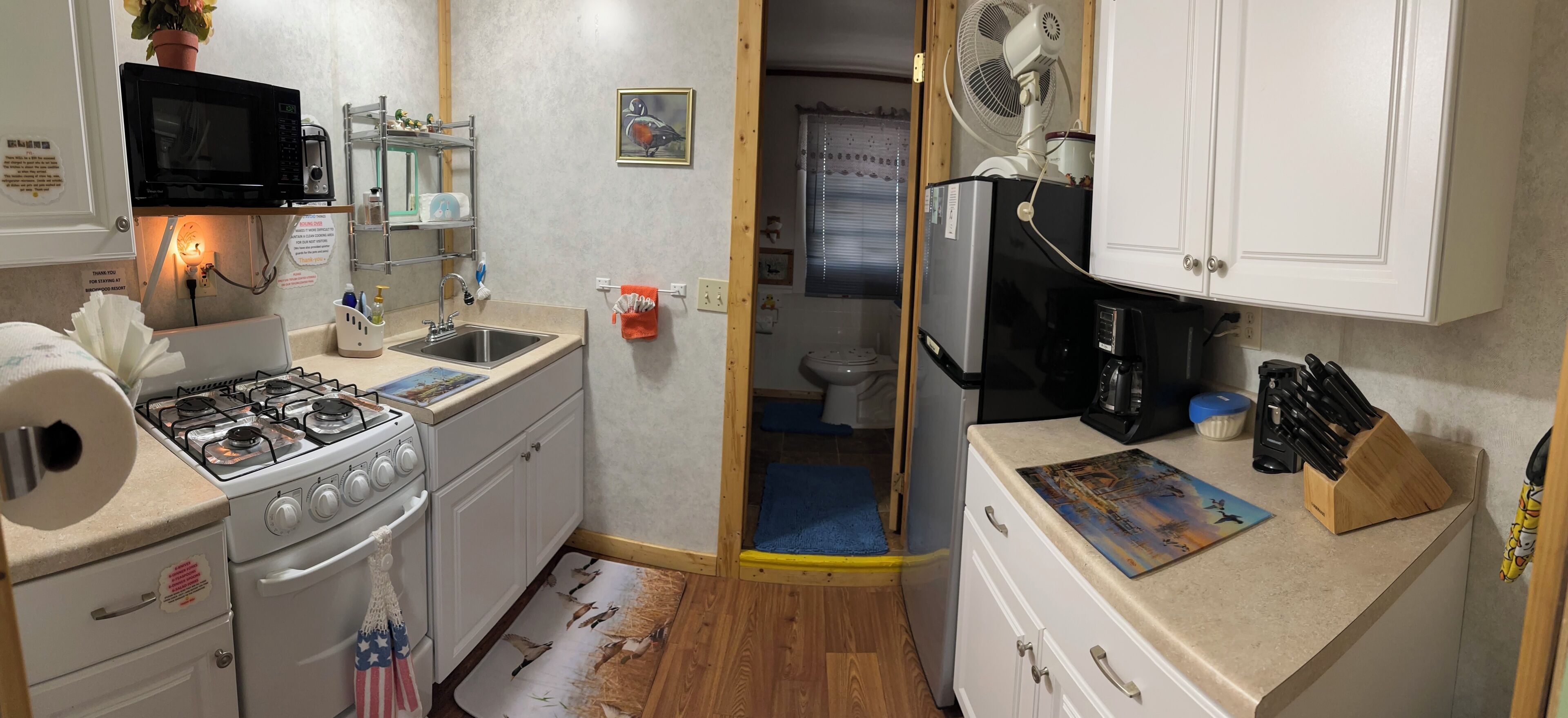 Una cocina compacta con estufa, fregadero, microondas, refrigerador y ventilador.