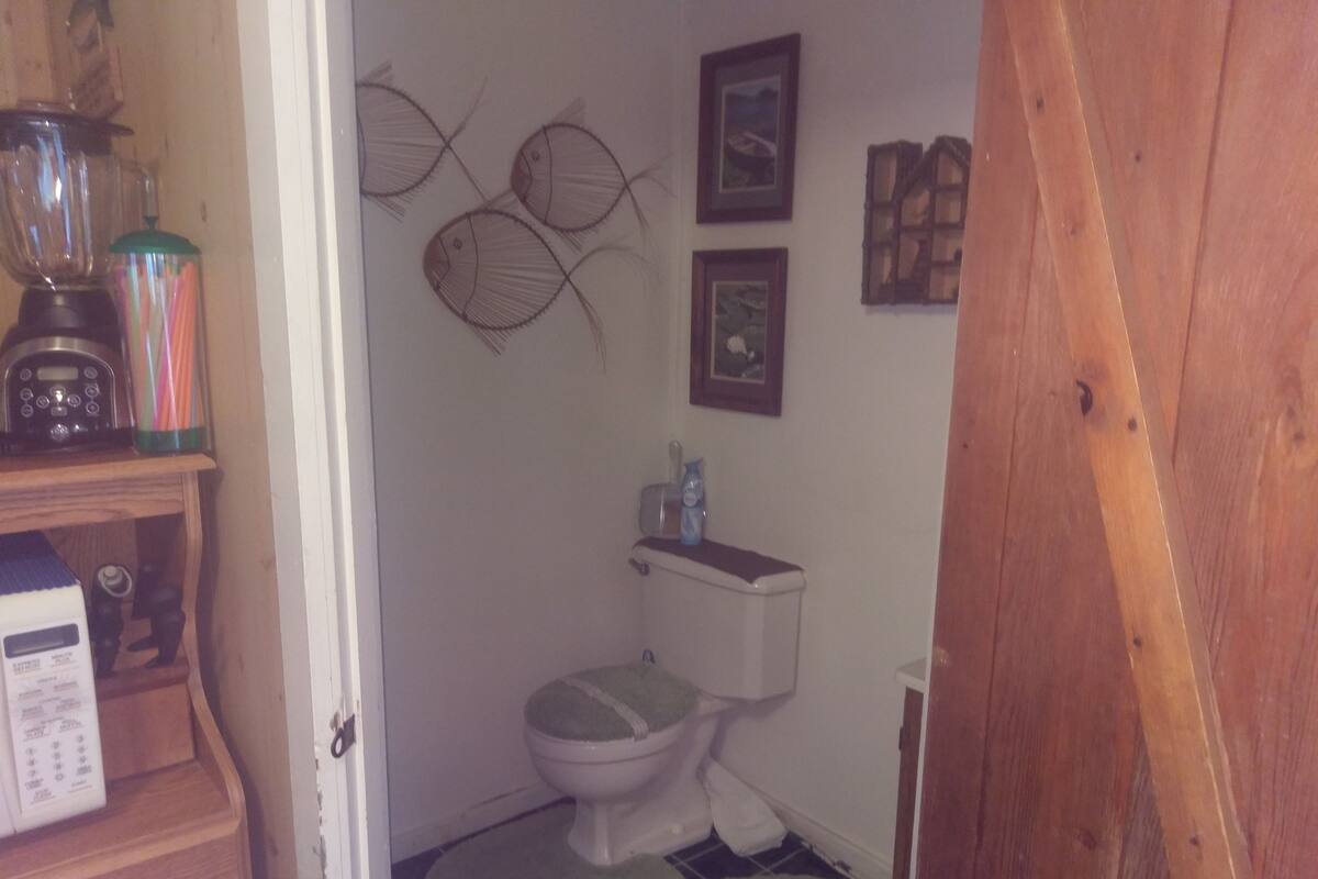 Une petite salle de bain avec des toilettes, une étagère sur laquelle se trouvent un mixeur et d'autres objets, ainsi que des éléments de décoration murale.