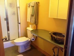 Ein Badezimmer mit Toilette, Dusche und Waschbecken.