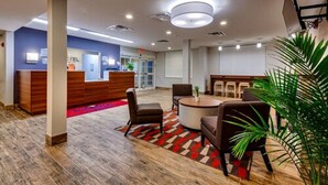 Vestíbulo de hotel con mostrador de recepción, zona de estar y una planta grande.