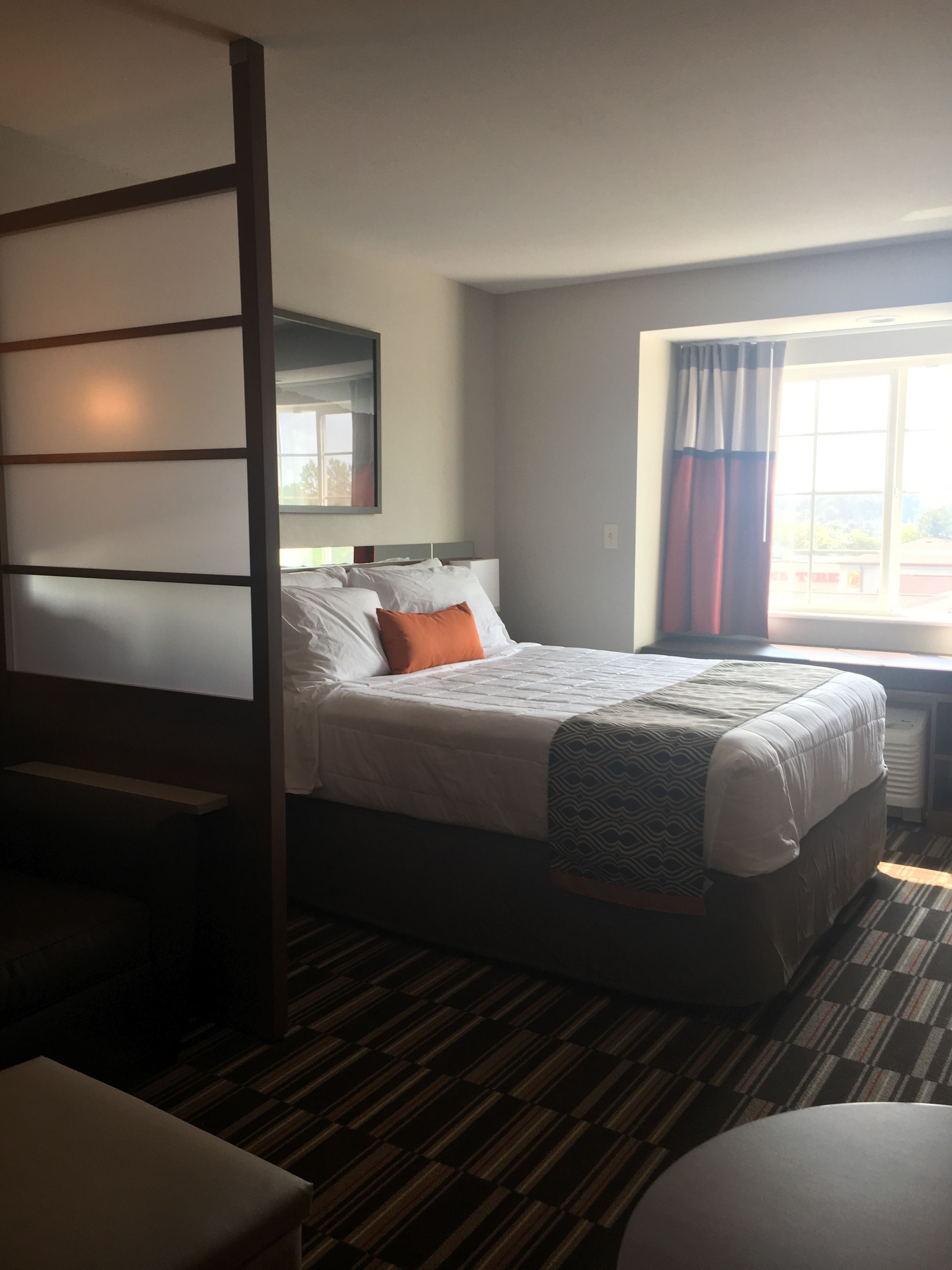 A hotel room with a large bed, a bedside table, a window with curtains, and a view of the outside.