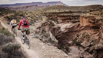 Un sendero de bicicleta de montaña accidentado con terreno rocoso y vegetación escasa.