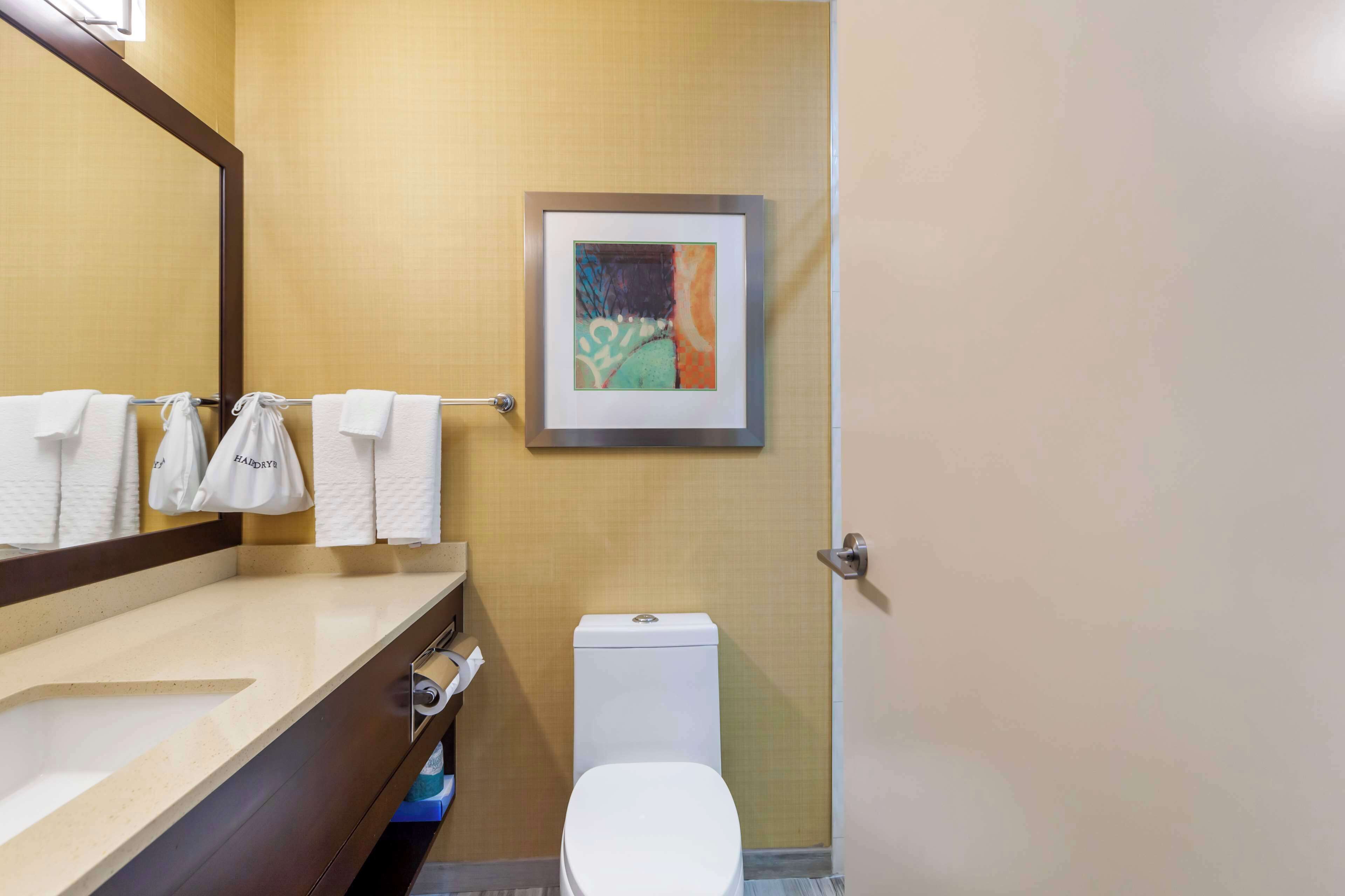 A bathroom with a toilet, a sink with a mirror, and a framed artwork on the wall.