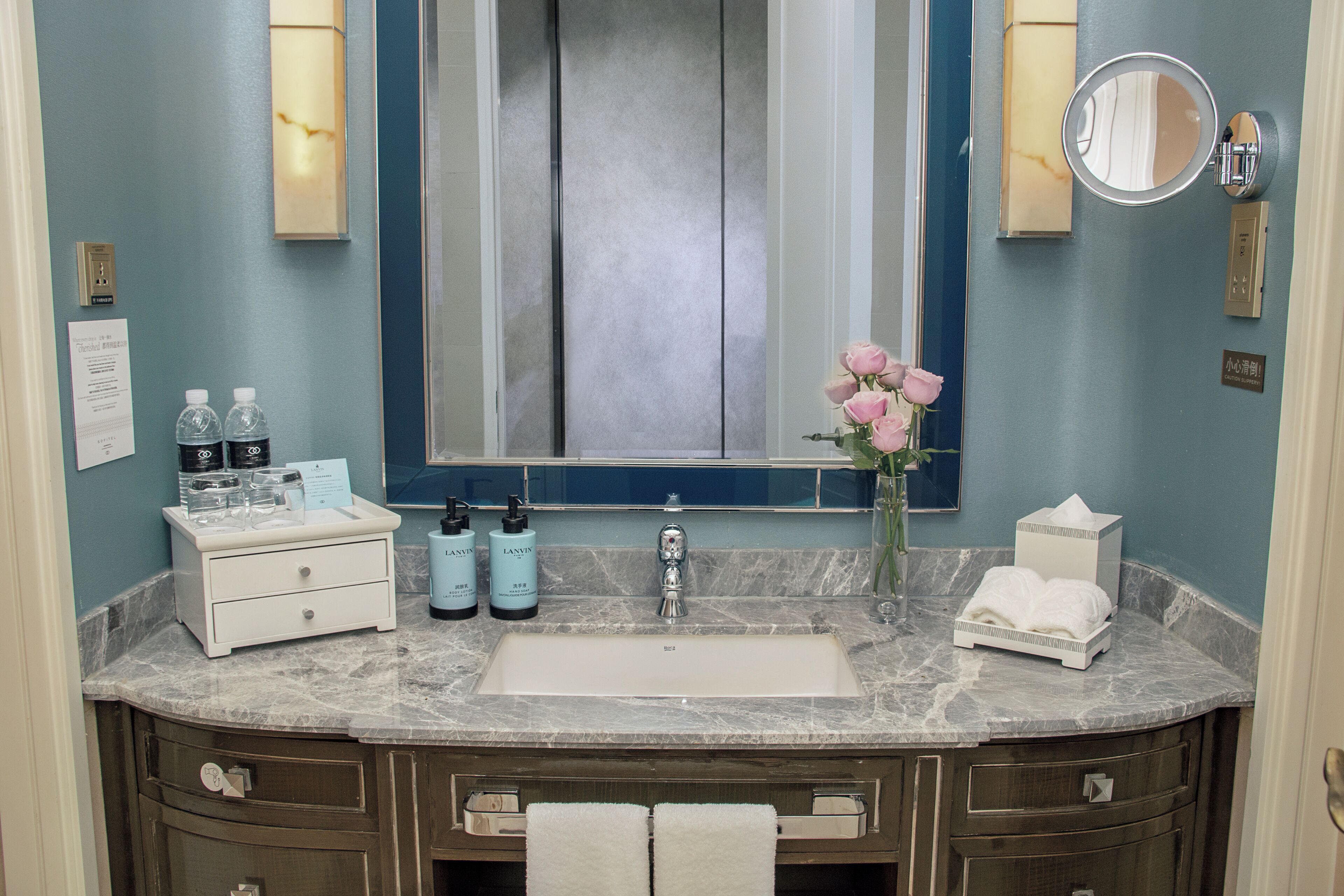 Une salle de bain avec un lavabo en marbre, un miroir, un vase de fleurs et des articles de toilette posés sur le comptoir.