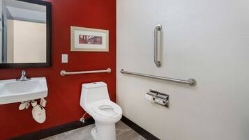 Une salle de bain avec des toilettes blanches, un lavabo et un miroir. Des barres d’appui sont fixées aux murs et un cadre photo est accroché au mur.