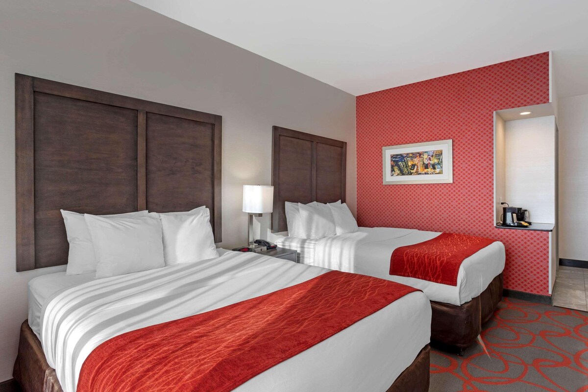 A hotel room with two beds, a red patterned wall, a framed picture, and a small table with a lamp.