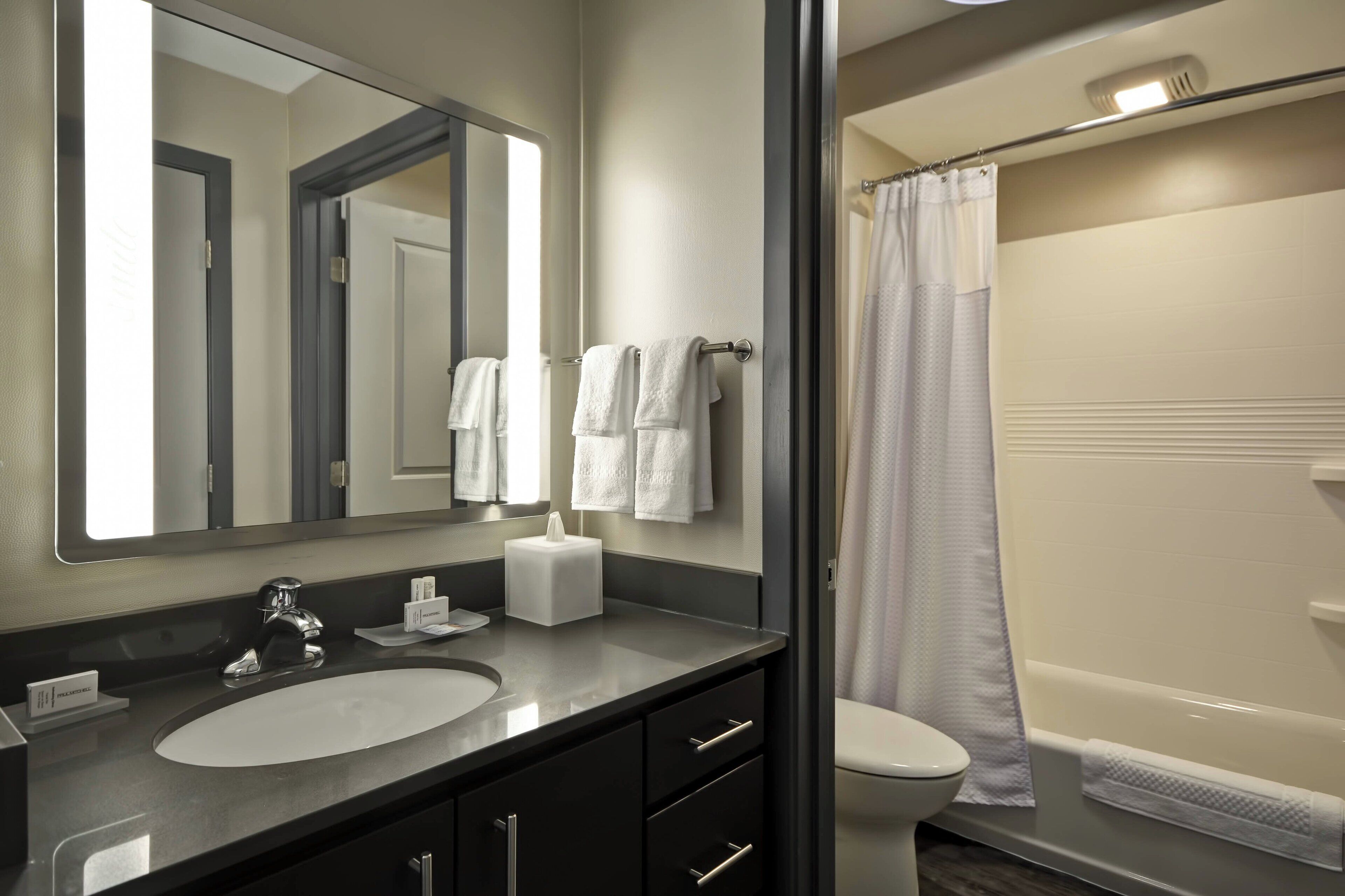 combined shower/bathtub, designer toiletries, hair dryer, towels