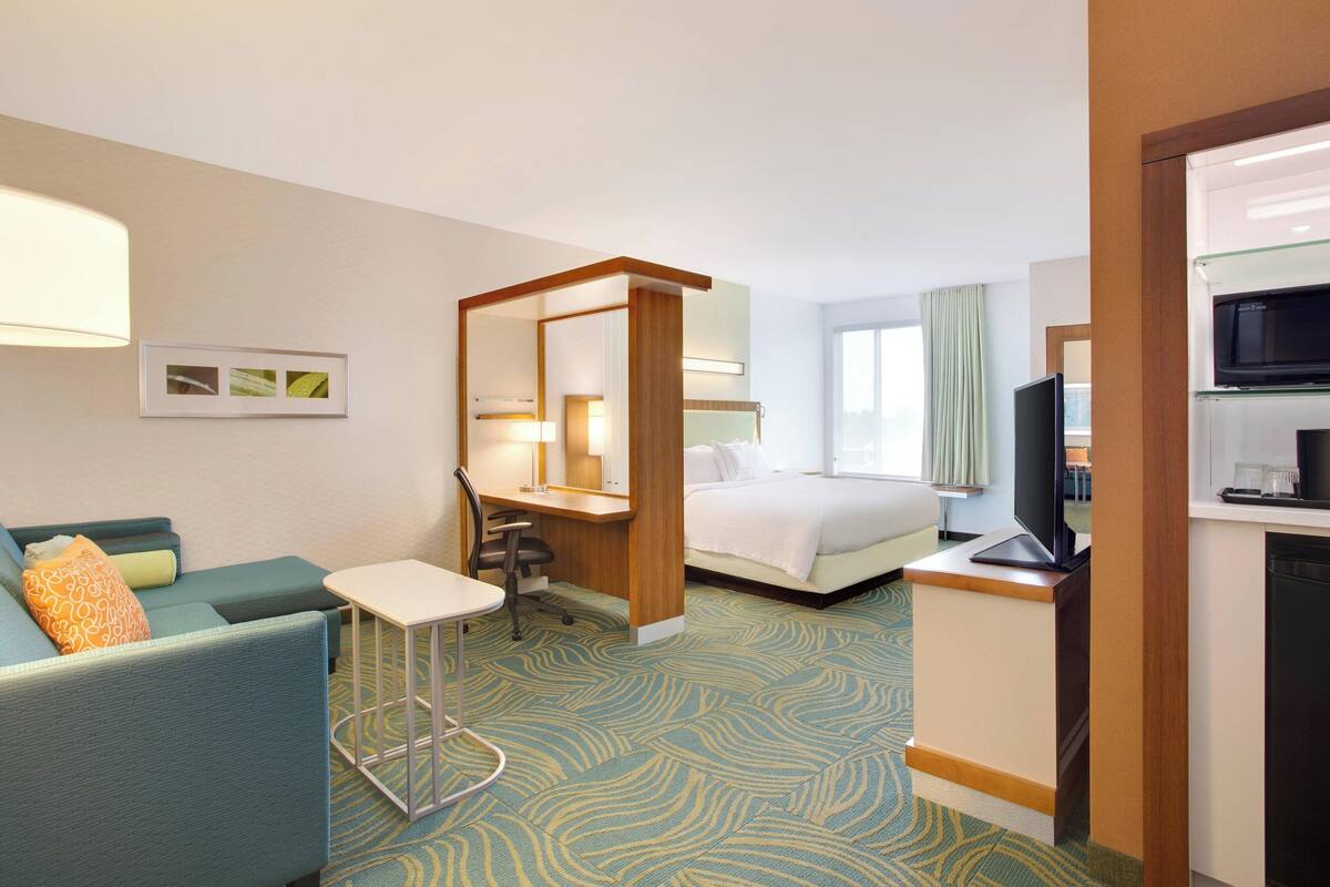 A hotel room with a bed, a desk, a chair, a TV, and a sofa.