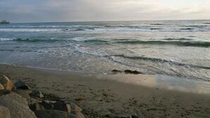 A beach with waves and a distant ship. - Luxury on the Beach (Oceanside)