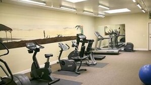 Een fitnessruimte met hometrainers, loopbanden en fitnessballen.