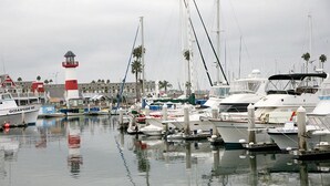 Un puerto deportivo con varias embarcaciones amarradas, un faro y un edificio con palmeras al fondo.