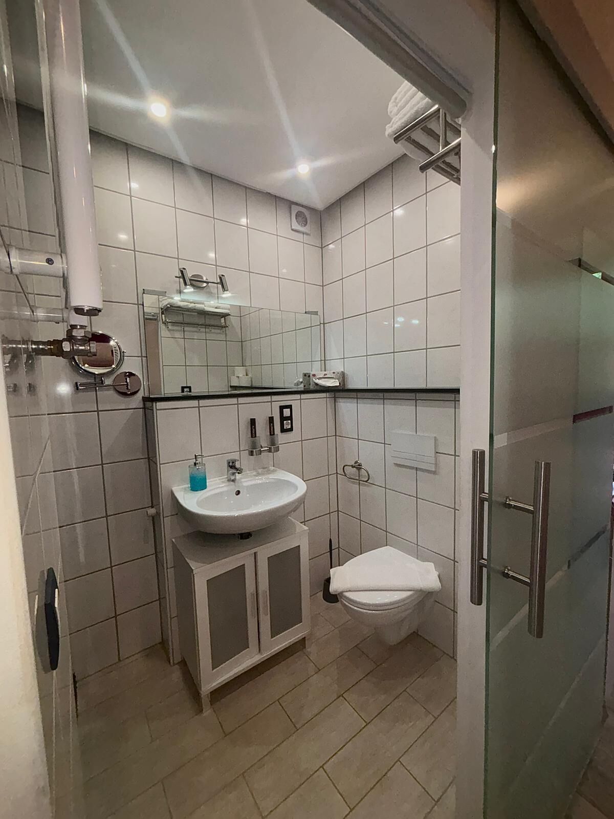 Une salle de bain moderne avec une douche à parois de verre, un lavabo blanc et des toilettes.