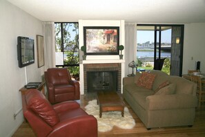 Flat-screen TV, fireplace, DVD player