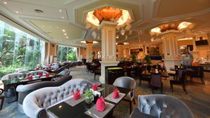 A spacious hotel dining area with multiple tables and chairs, large windows offering a view of greenery outside, and ornate ceiling details.