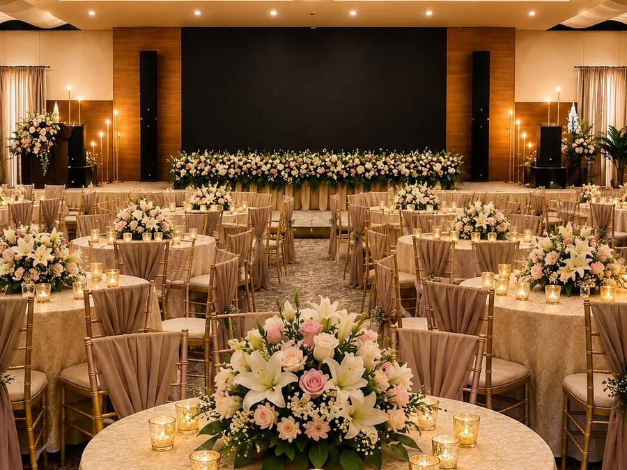 A banquet hall with round tables, chairs, floral centerpieces, and recessed lighting.