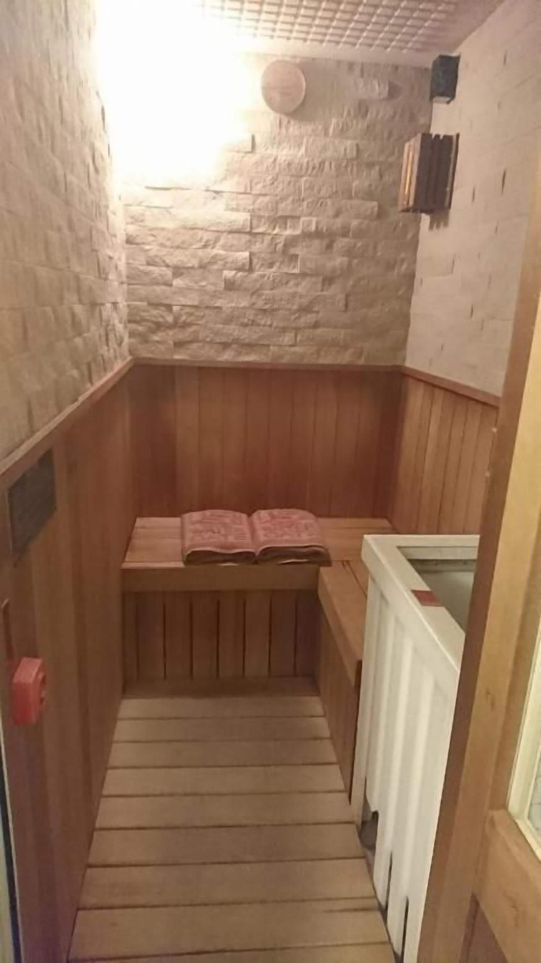 A small, enclosed sauna with wooden walls and a sloped ceiling.