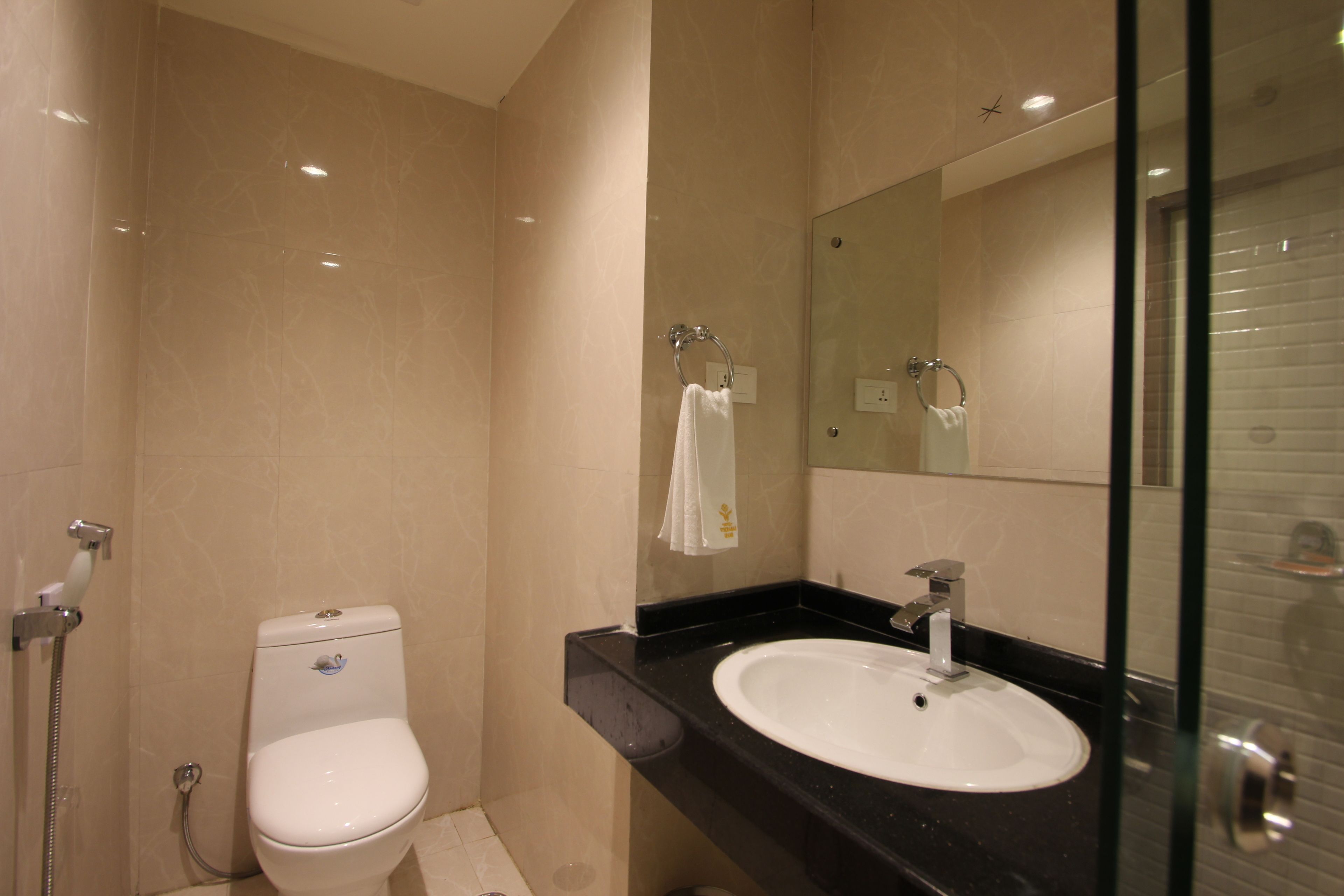 A modern bathroom with a toilet, sink, and glass shower enclosure.