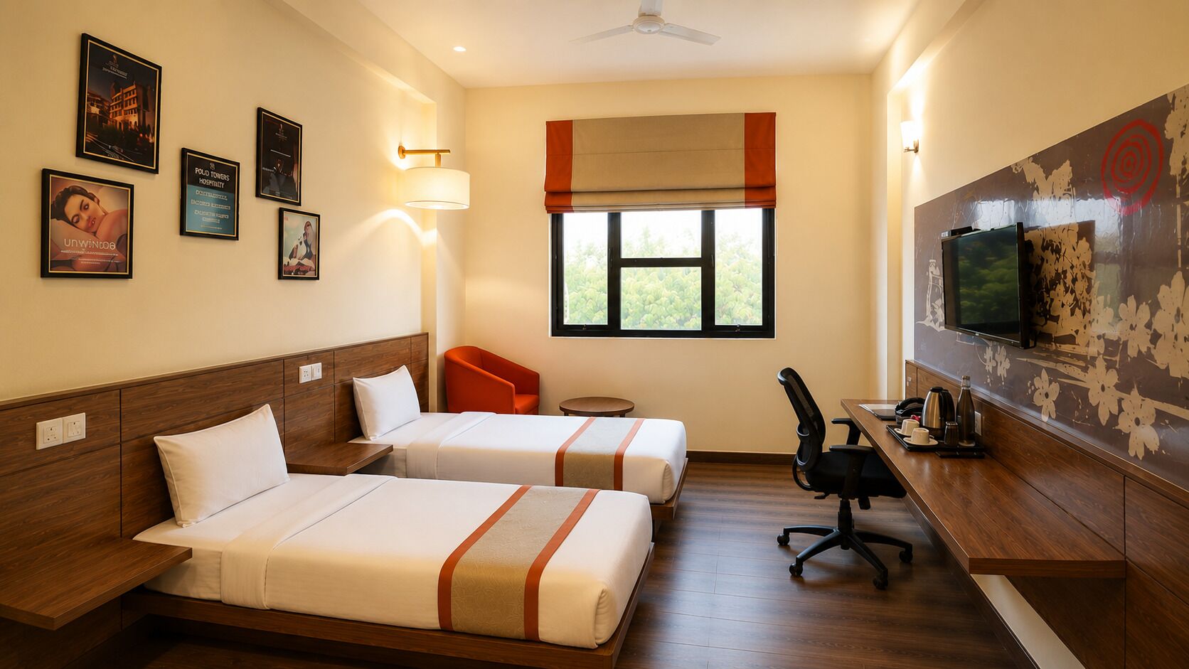 A hotel room with two beds, a desk, a chair, a TV, and a window with a view.