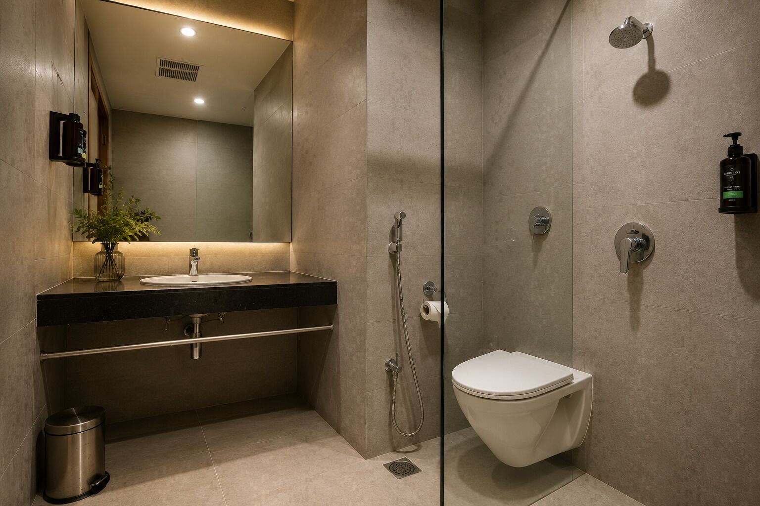 A modern bathroom with a glass-enclosed shower, a sink with a mirror, and a toilet.