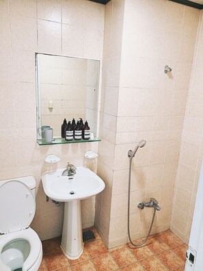A bathroom with a toilet, sink, and shower. There are toiletries on the sink and a mirror above it. - Villae Resort (Jeju City)